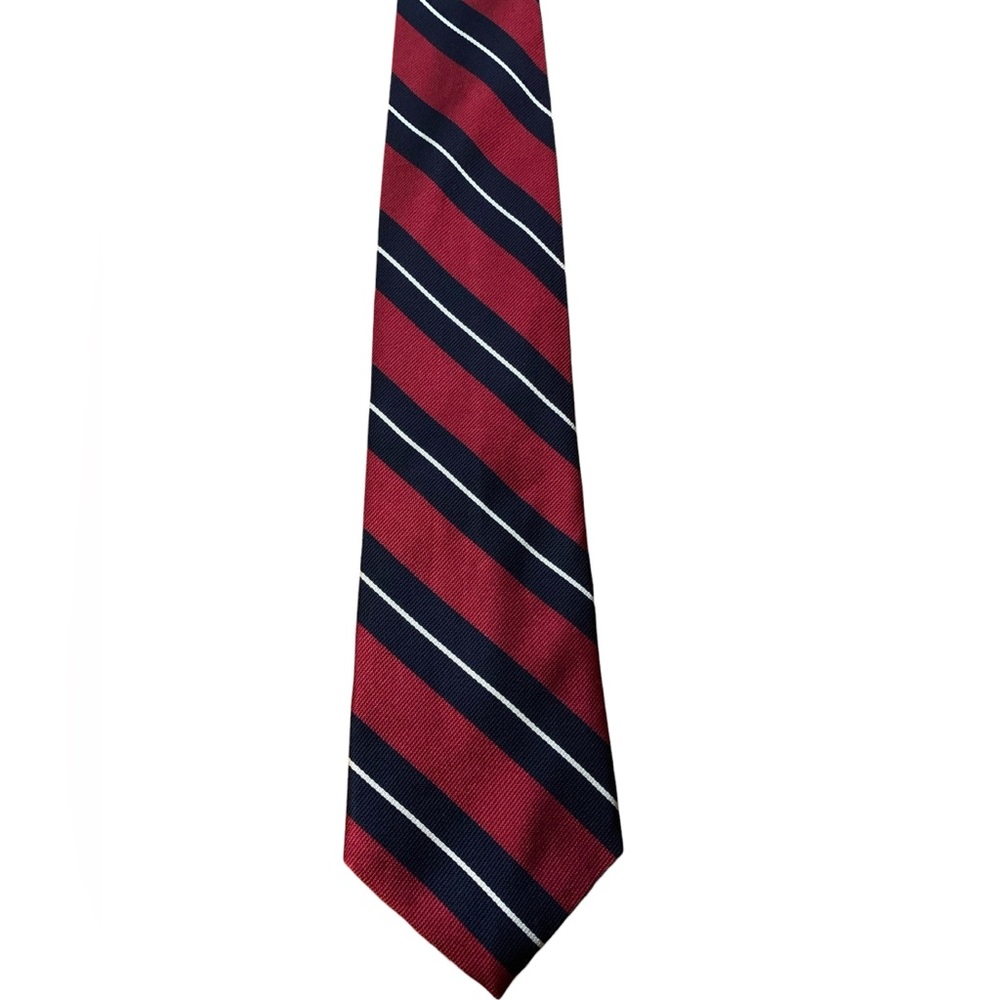 Saville Row 100% silk tie. Red with navy & white stripes. Excellent condition.